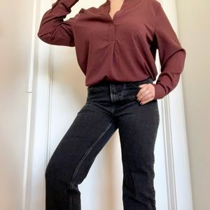 Collarless Burgundy Silky Blouse - 12